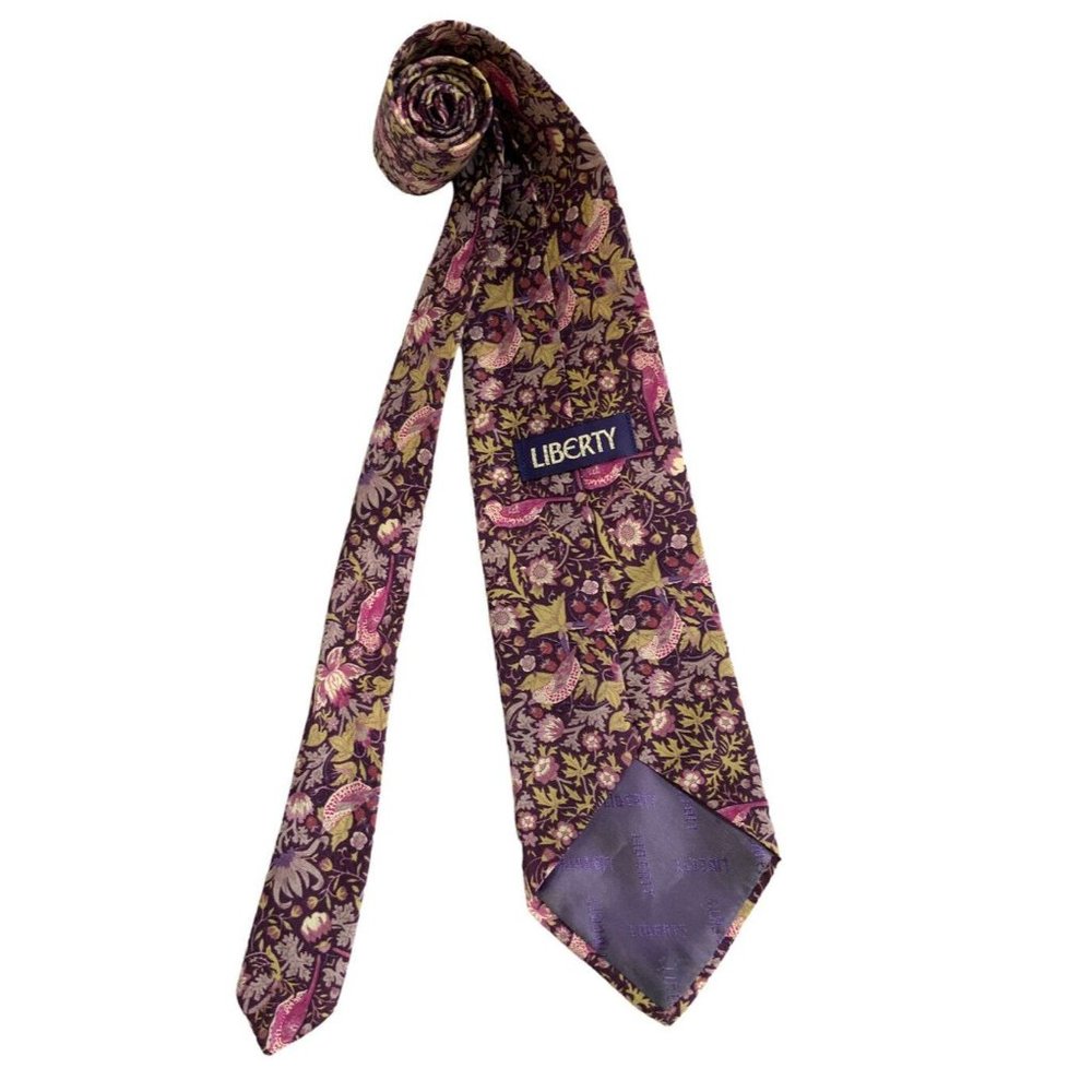 LIBERTY Purple Floral Leaf Bird Cotton Tie England 56”/ 3.5" EC